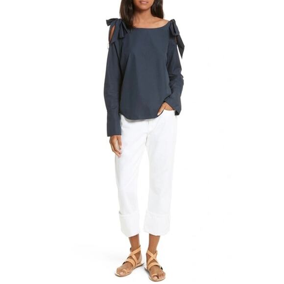 FRAME Bow Cold Shoulder Cotton Blouse In Navy Size M NWOT - Picture 3 of 9